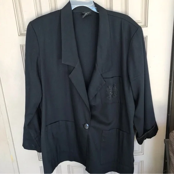 Plus Sz Vintage Boyfriend Le'ger Blazer Black Sz16 Single Button Closure Unlined